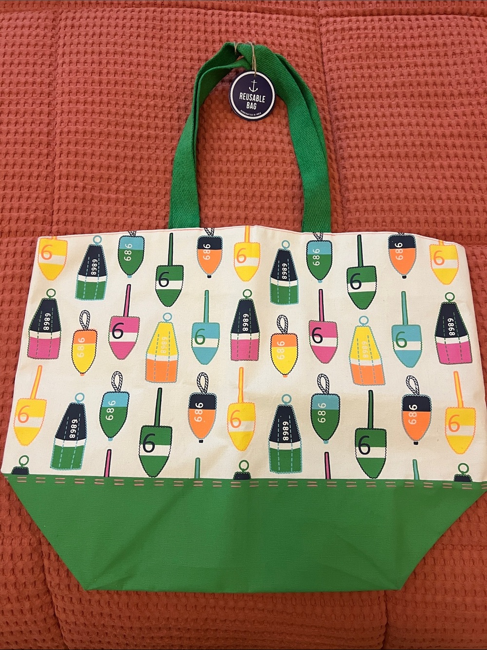 NWT Reusable Green Canvas Boat & Tote Bag with Colorful Buoy Print